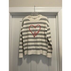 LOFT Women’s Gray White Striped Love Heart Long Sleeve Sweater, Size Medium Cozy